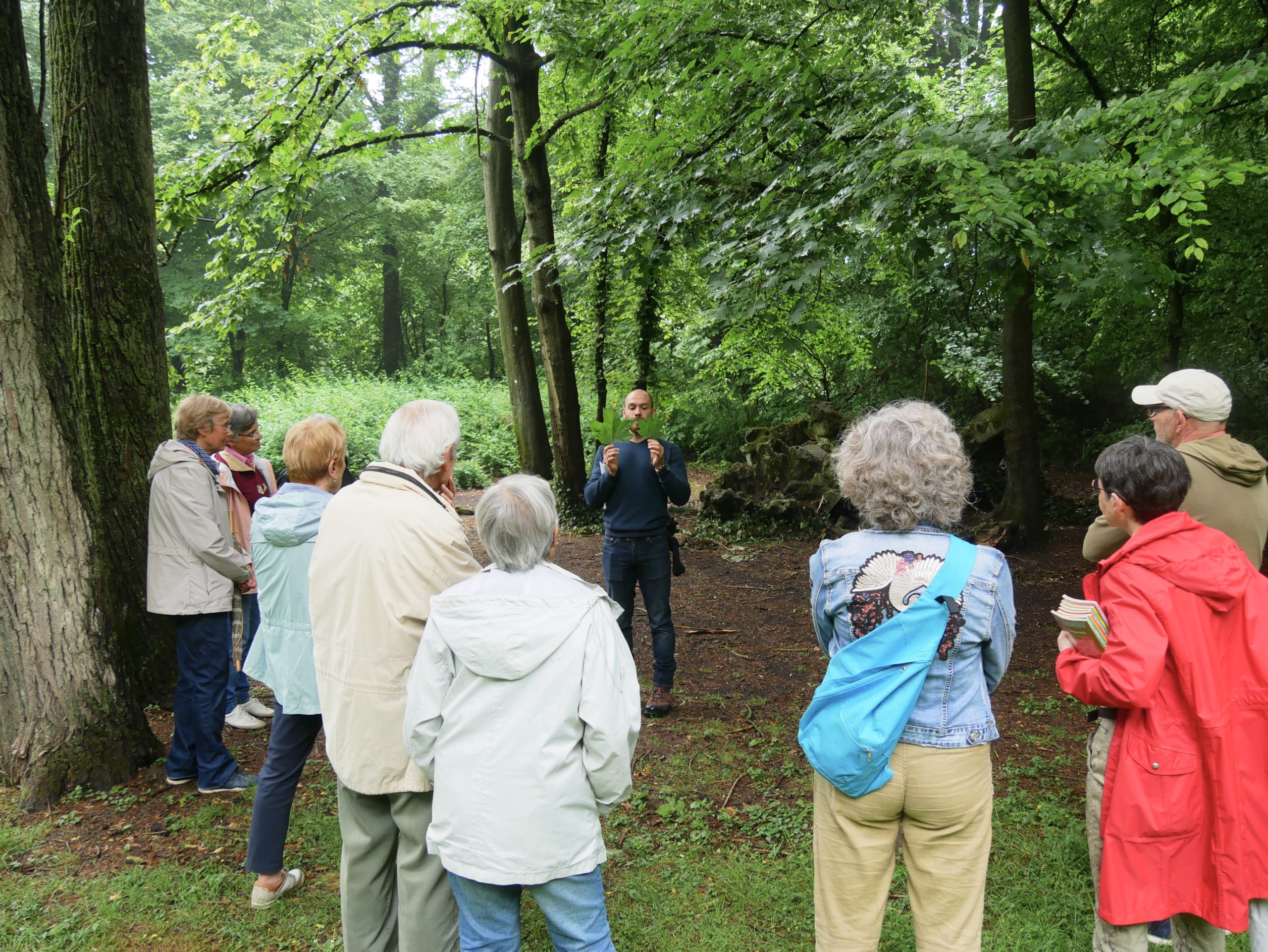 Un guide expliquant à un groupe de personnes la particularité d'une feuille d'arbre.